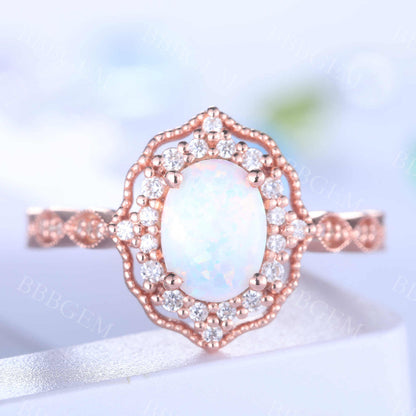 Opal Ring Vintage Opal Engagement Ring Rose Gold Art Deco Ring Women Diamond Eternity Band