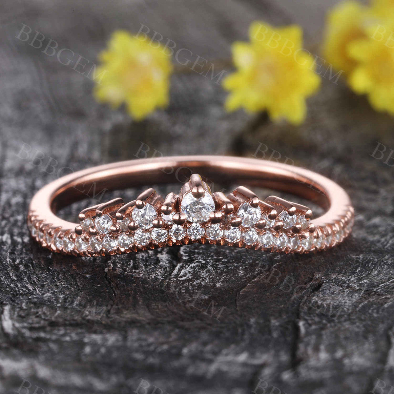 Rose Gold Diamond Curved Wedding Band Art Deco V Shaped Stacking Ring Chevron Crown Wedding Ring