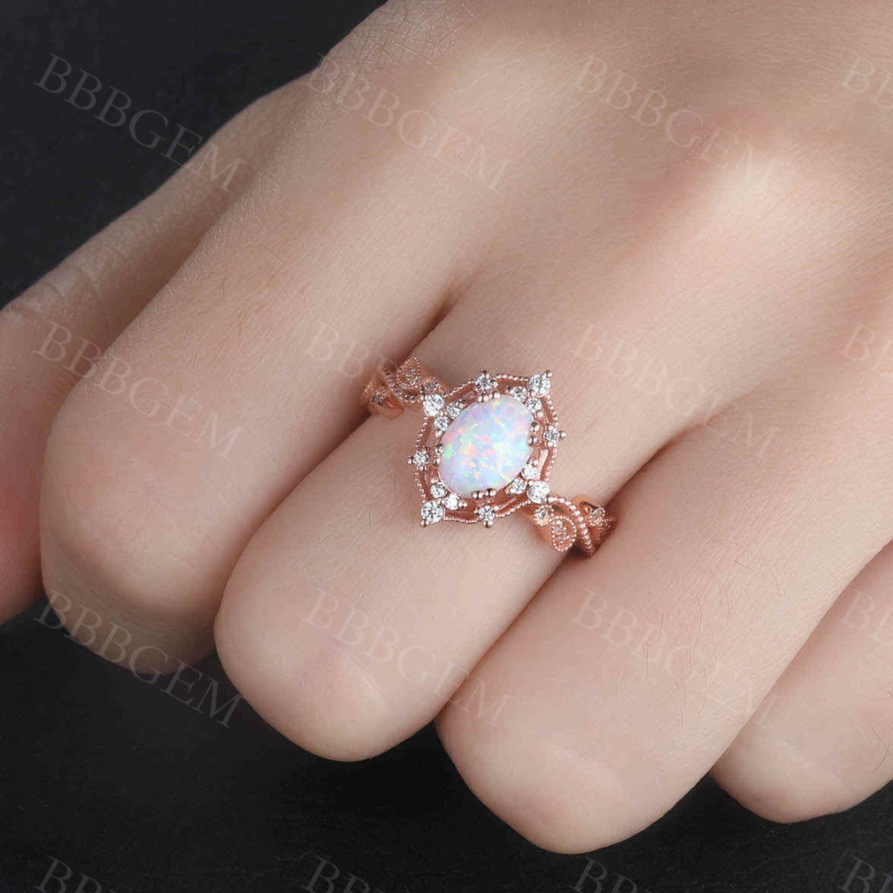 White Opal Ring Rose Gold Opal Engagement Ring