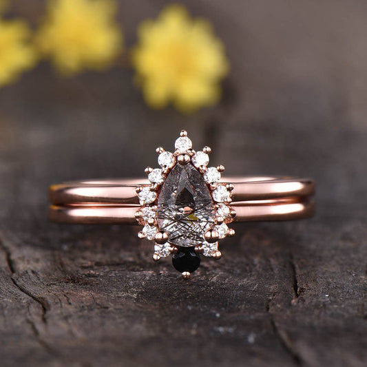 Cluster Black Rutilated Quartz Diamond Engagement Ring Set 0