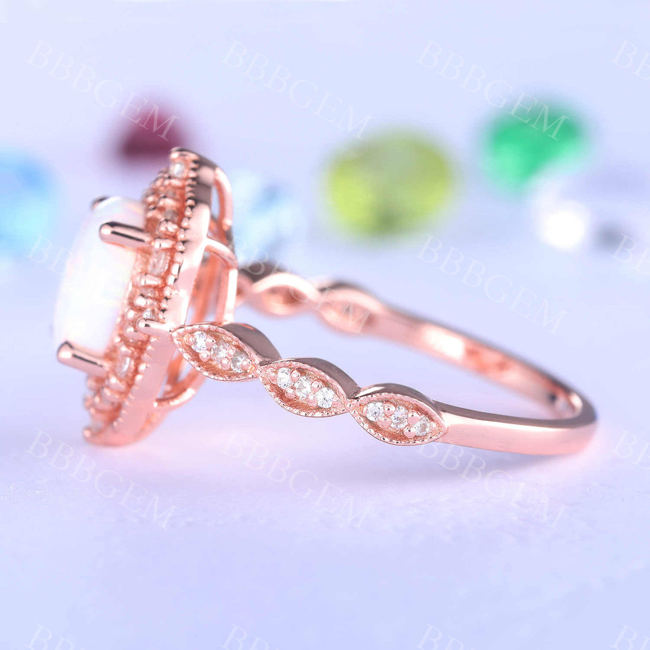 Opal Ring Vintage Opal Engagement Ring Rose Gold Art Deco Ring Women Diamond Eternity Band