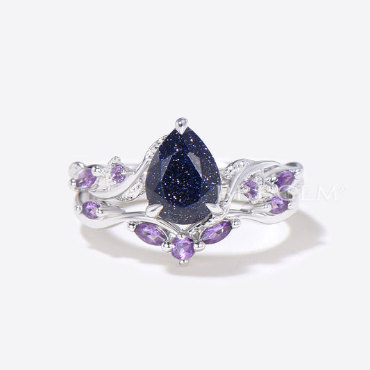 Twig Leaf Pear Blue Sandstone Ring Set Cluster Amethyst Ring