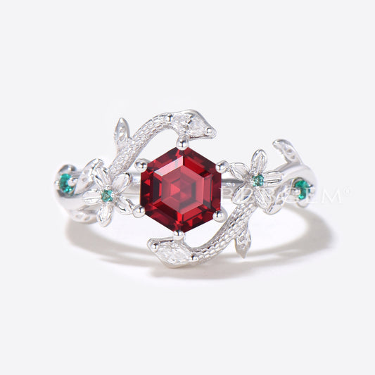 Double Snake Hexagon Cut Ruby Engagement Ring Floral Leaf Ring