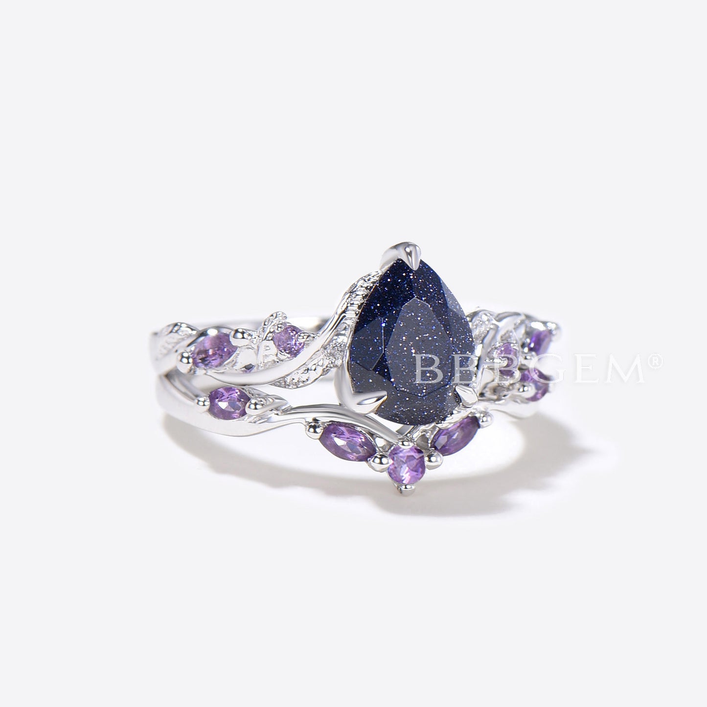 Twig Leaf Pear Blue Sandstone Ring Set Cluster Amethyst Ring