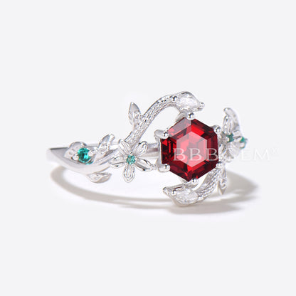 Double Snake Hexagon Cut Ruby Engagement Ring Floral Leaf Ring