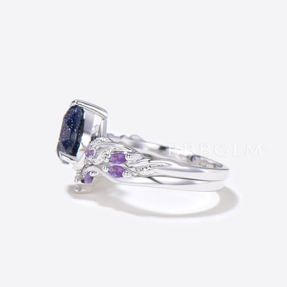 Twig Leaf Pear Blue Sandstone Ring Set Cluster Amethyst Ring