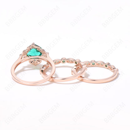 3PCS Flower Emerald Ring Set Halo Diamond Engagement Ring