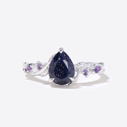 Twig Leaf Pear Blue Sandstone Ring Set Cluster Amethyst Ring