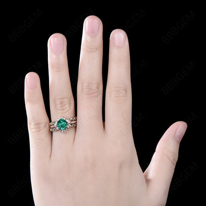 3PCS Flower Emerald Ring Set Halo Diamond Engagement Ring