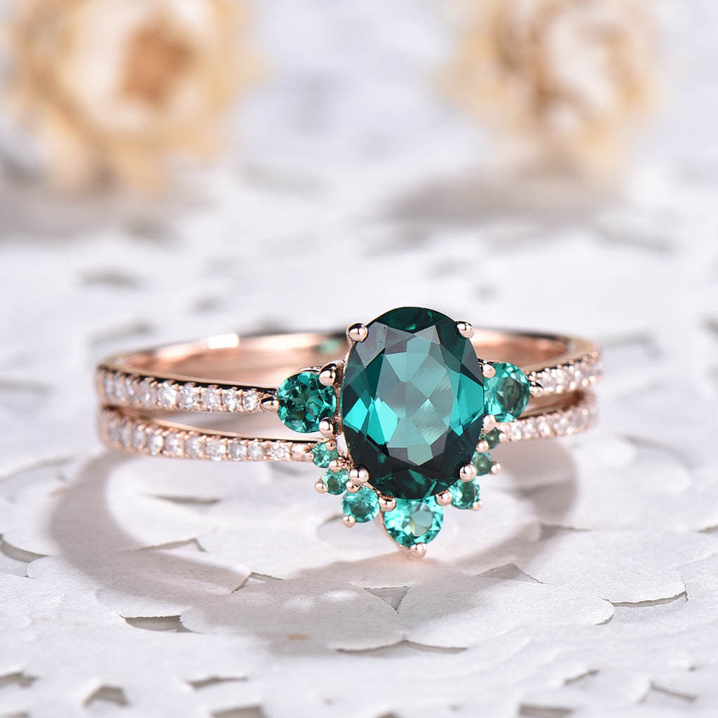 Green Emerald Ring-BBBGEM Three Stone Emerald Wedding Set