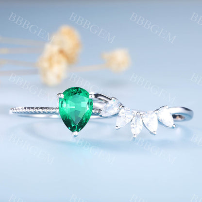 Pear Emerald Ring Marquise Cut Cluster Stacking Band Handmade Jewelry