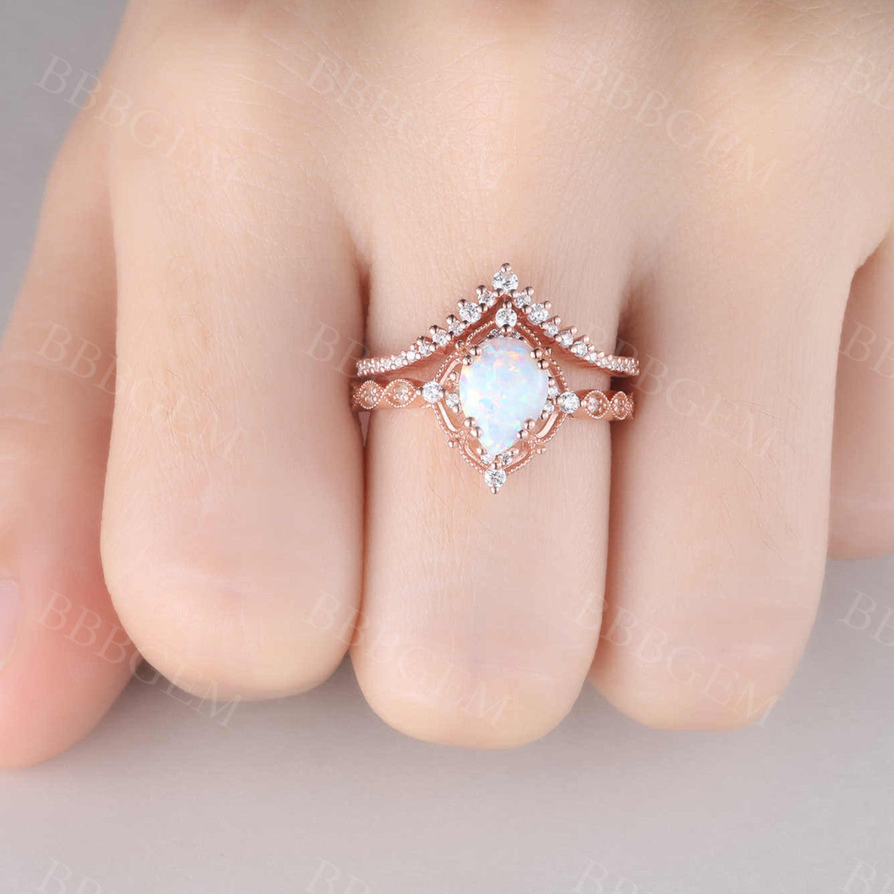 Vintage White Opal Engagement Ring Set