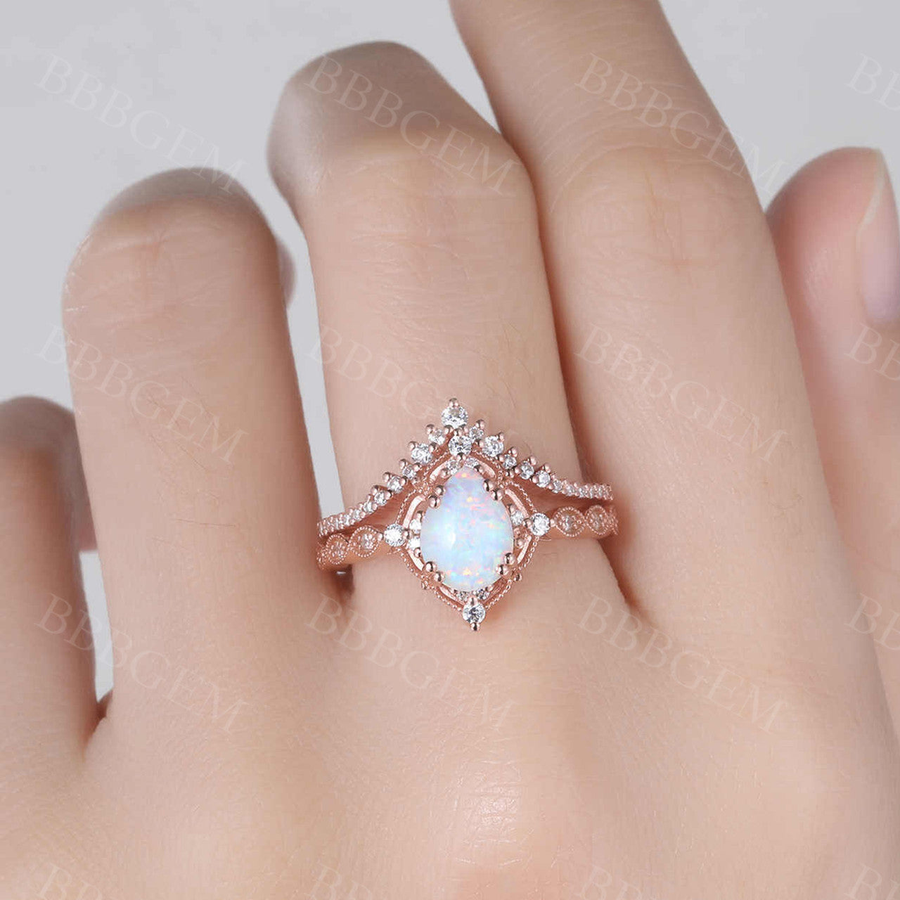 Vintage White Opal Engagement Ring Set