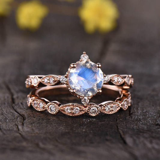 Vintage Rainbow Moonstone Engagement Ring Set 0