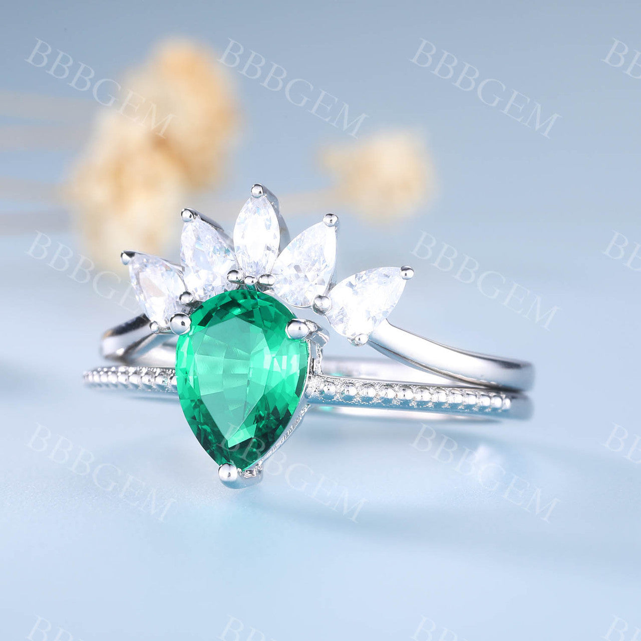 Pear Emerald Ring Marquise Cut Cluster Stacking Band Handmade Jewelry