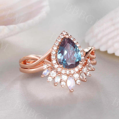 Alexandrite Bridal Set Unique Moonstone Band Marquise Pear shaped Bridal set