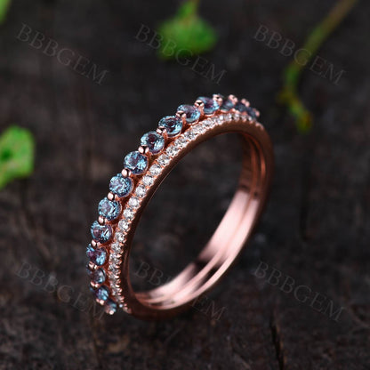 Double Row Alexandrite Ring-Women Stacking Band Half Eternity