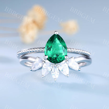 Pear Emerald Ring Marquise Cut Cluster Stacking Band Handmade Jewelry