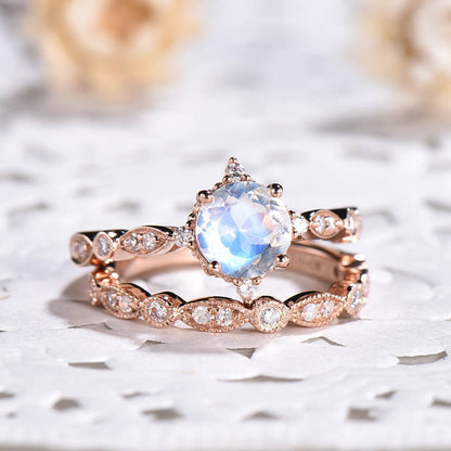 Vintage Rainbow Moonstone Engagement Ring Set 02