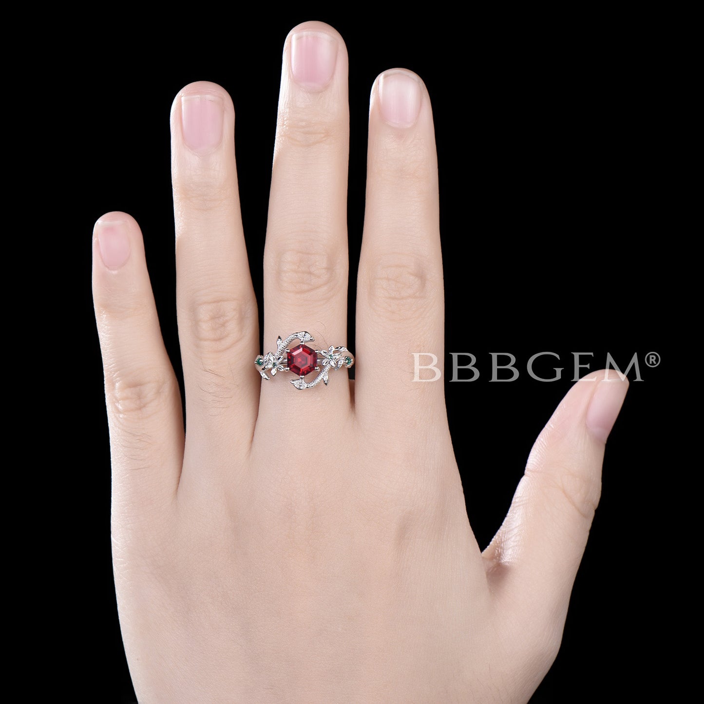 Double Snake Hexagon Cut Ruby Engagement Ring Floral Leaf Ring