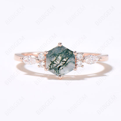 Hexagon Cut Moss Agate Ring 7 Stone Cluster Moissanite Ring