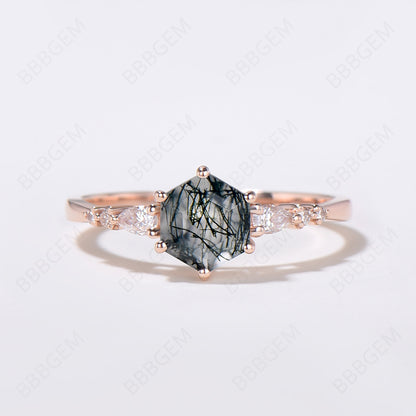 Hexagon Black Rutilated Quartz Ring Milgrain Moissanite Ring