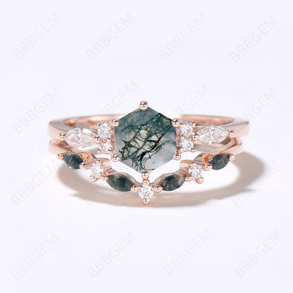 Hexagon Cut Moss Agate Ring 7 Stone Cluster Moissanite Ring