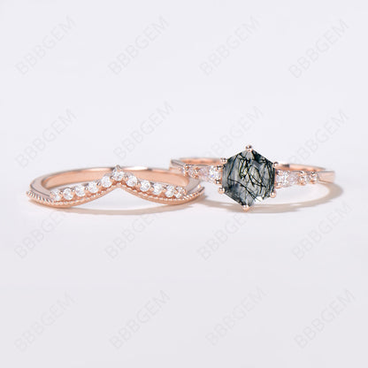 Hexagon Black Rutilated Quartz Ring Milgrain Moissanite Ring