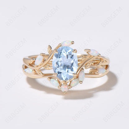 Twig Vine Aquamarine Opal Engagement Ring Leaves Ring