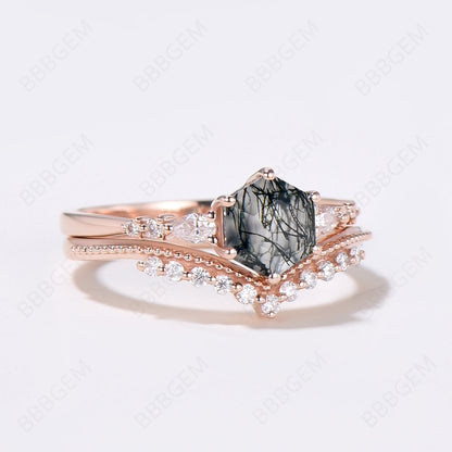 Hexagon Black Rutilated Quartz Ring Milgrain Moissanite Ring