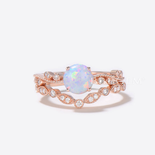 Floral Opal Solitaire Diamond Engagement Ring Bridal  Set Rose Gold Antique