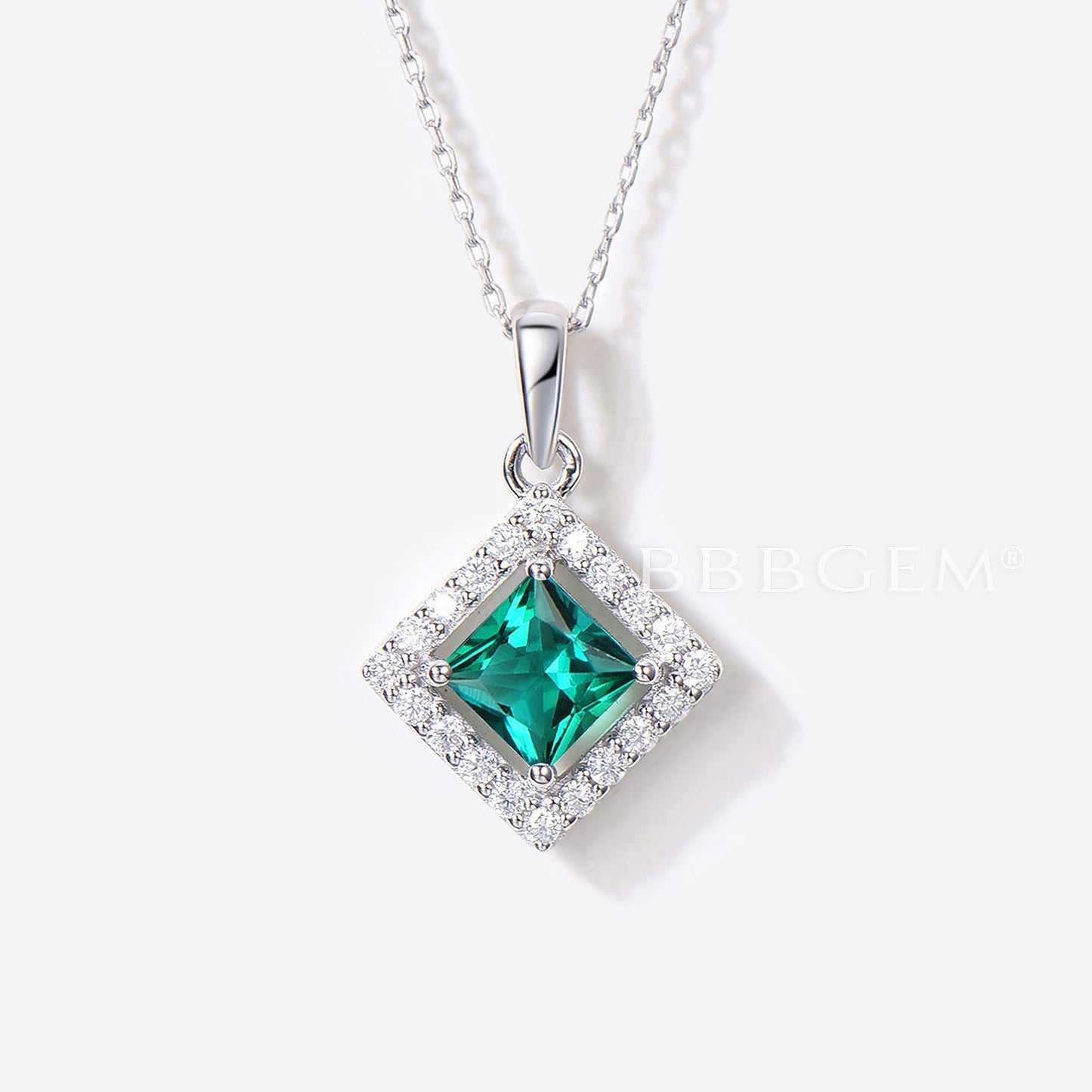 Princess Green Emerald Pendant Diamond Halo Wedding Necklace