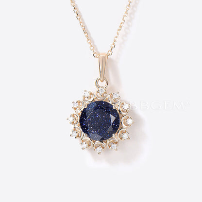 Round Galaxy Blue Sandstone Necklace Moon Diamond Halo Pendant