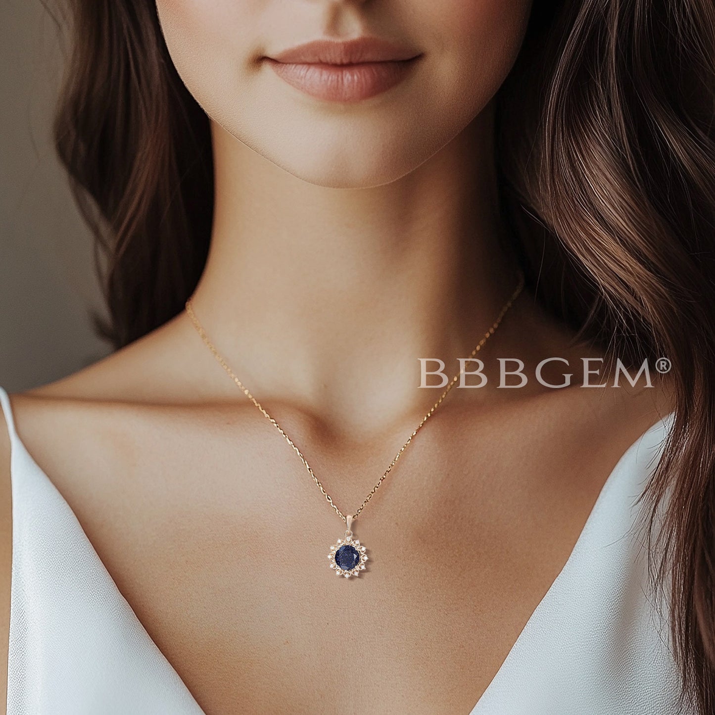 Round Galaxy Blue Sandstone Necklace Moon Diamond Halo Pendant