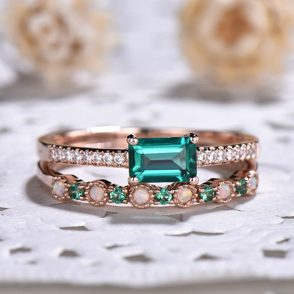 Baguette Cut Emerald Engagement Ring Set 0