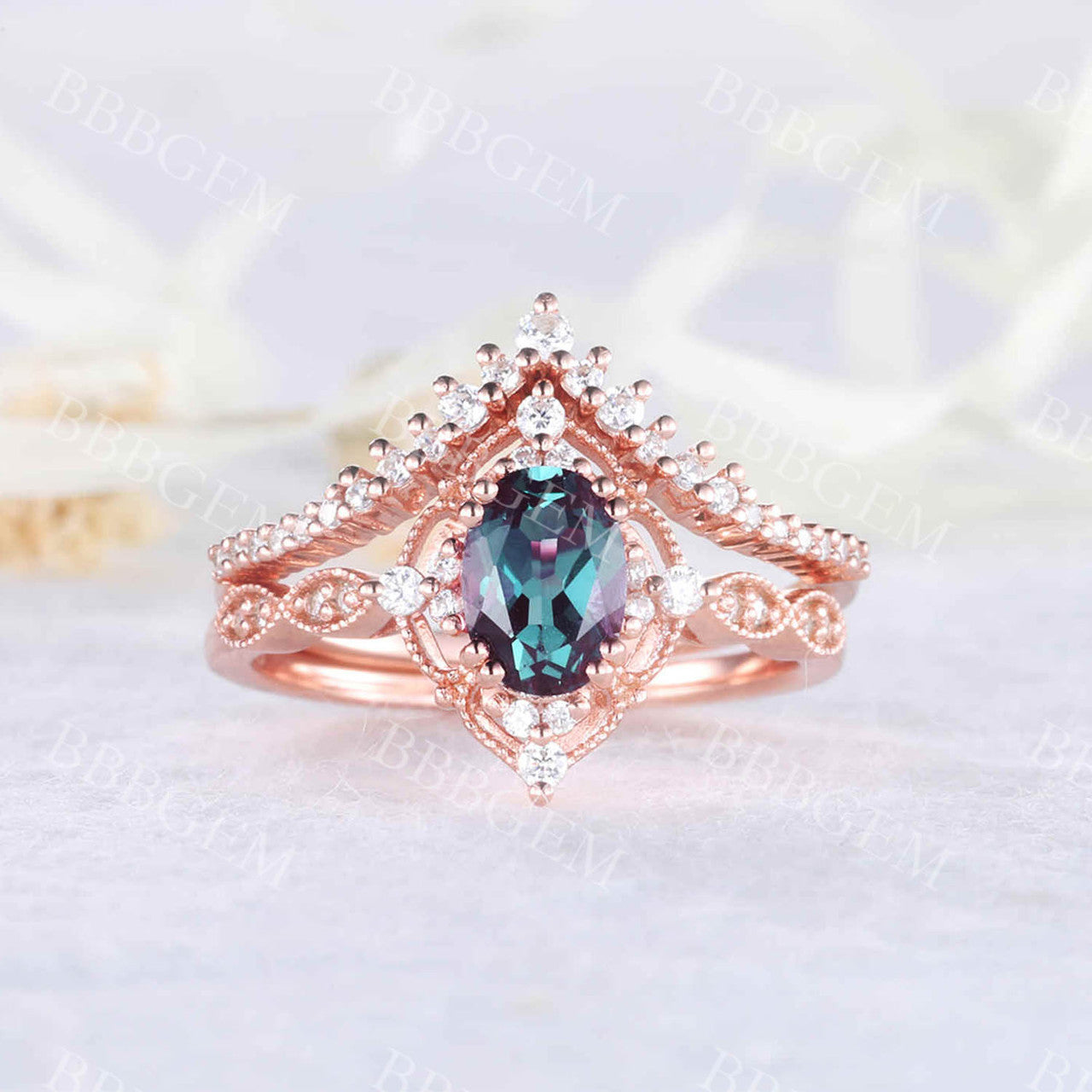 Unique alexandrite engagement ring set curved wedding bridal set