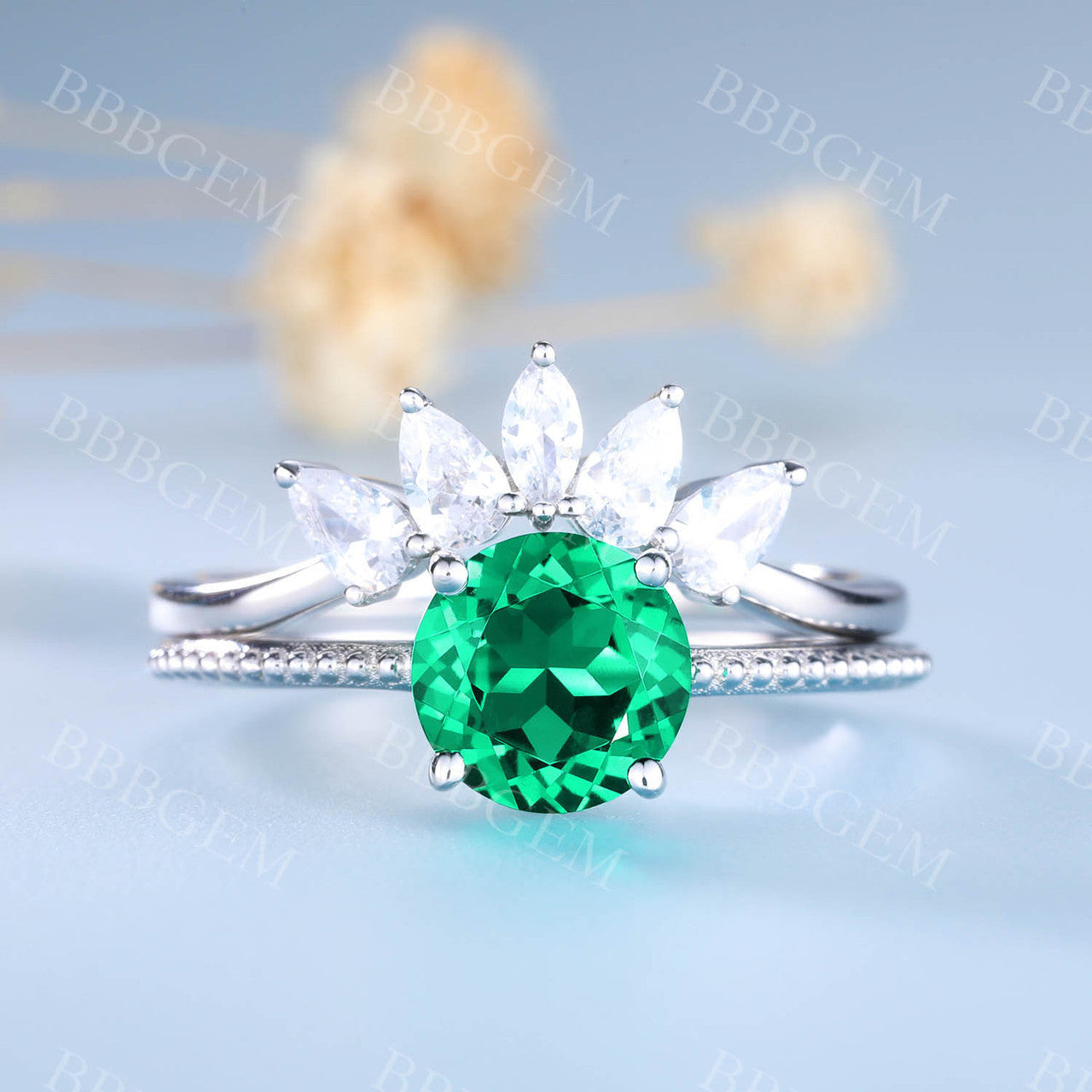 14K White Gold Emerald Wedding Ring Set Round Gemstone Ring Diamond Wedding Band