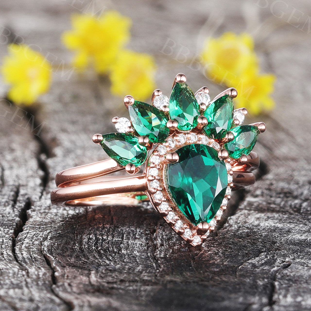 Halo Emerald Engagement Ring Set Marquise Cut Cluster Ring Rose Gold Bridal Set