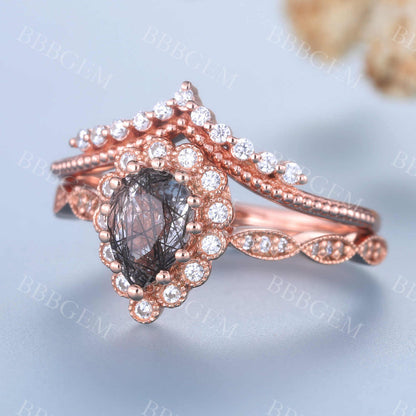 Pear Shaped Black Rutilated Engagement Ring