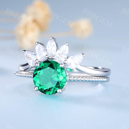 14K White Gold Emerald Wedding Ring Set Round Gemstone Ring Diamond Wedding Band