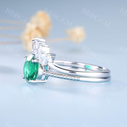 14K White Gold Emerald Wedding Ring Set Round Gemstone Ring CZ Diamond Wedding Band