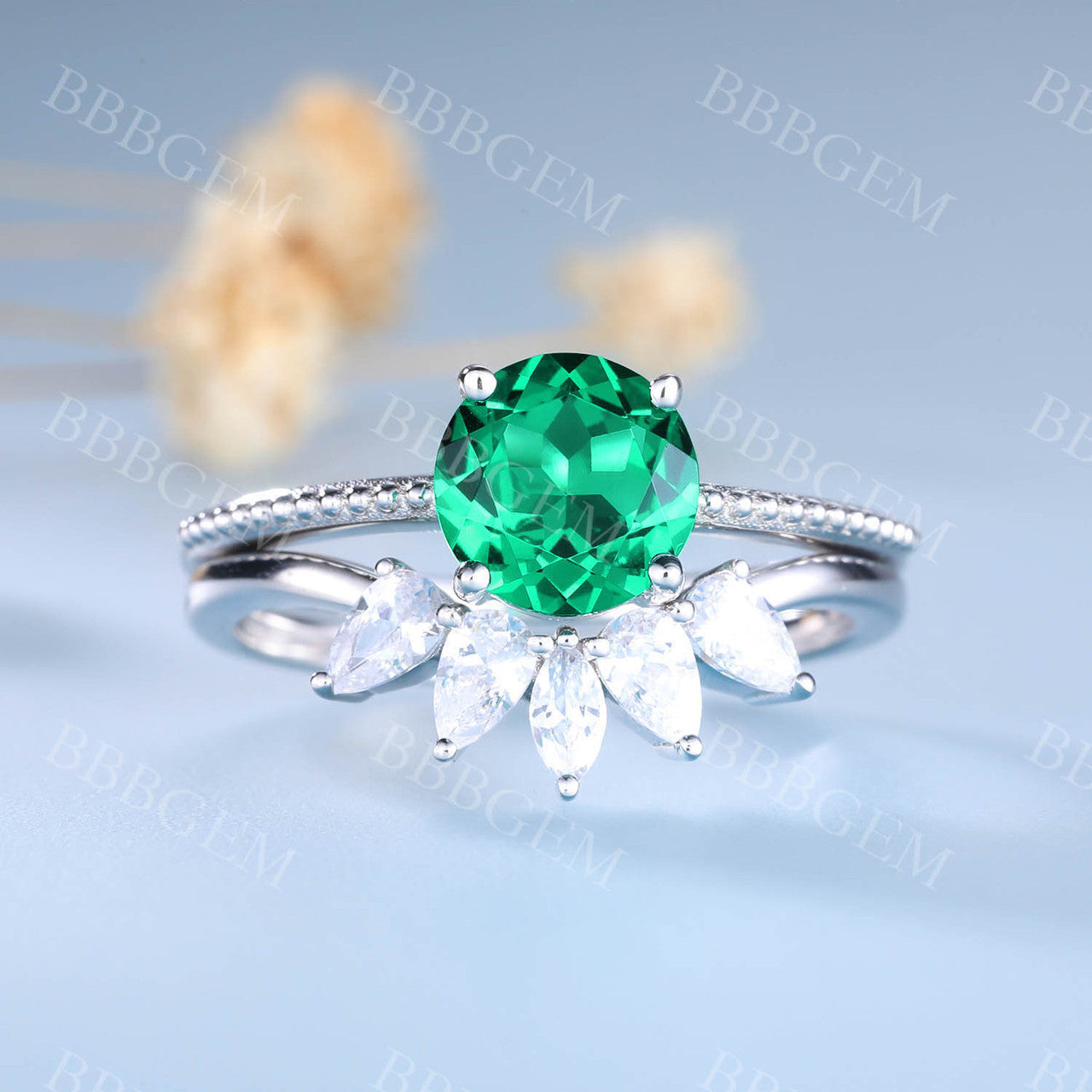 14K White Gold Emerald Wedding Ring Set Round Gemstone Ring CZ Diamond Wedding Band