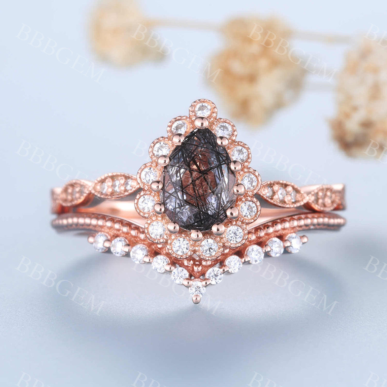 Pear Shaped Black Rutilated Engagement Ring