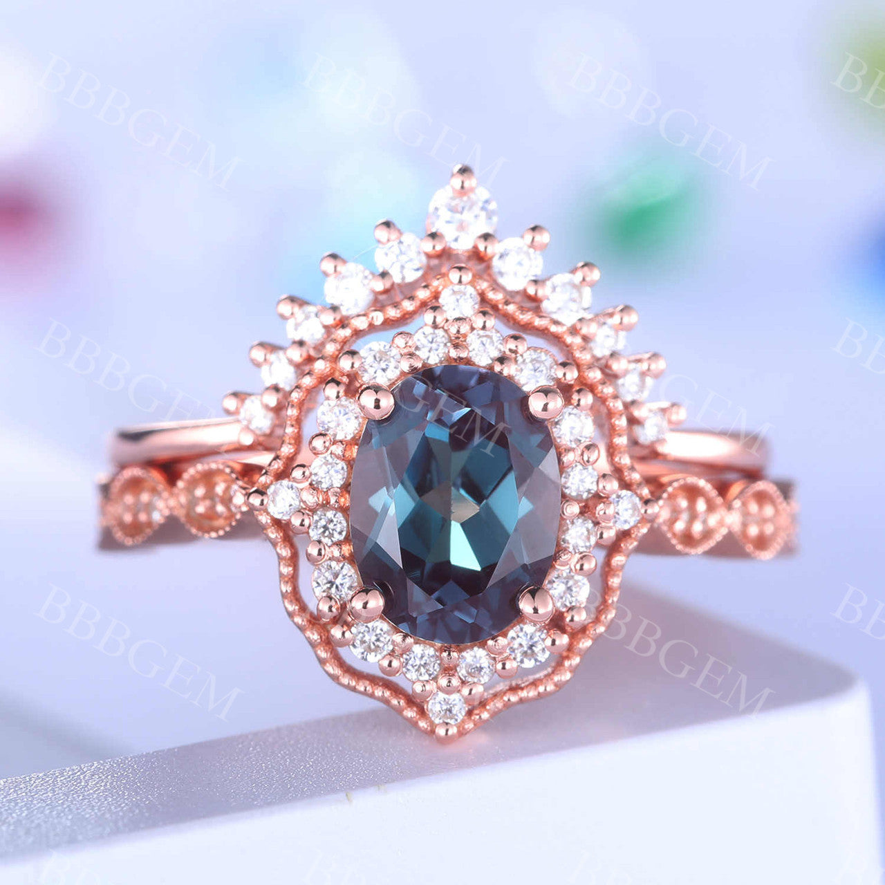 Alexandrite Engagement Ring Set Rose Gold Wedding Ring Art Deco Diamond Matching Band Crown Ring