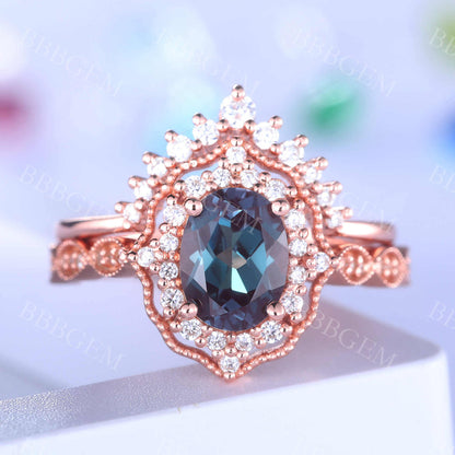 Alexandrite Engagement Ring Set Rose Gold Wedding Ring Art Deco Diamond Matching Band Crown Ring