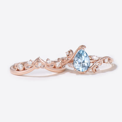 Heart Design Pear Aquamarine Engagement Ring Leaf Moon Ring