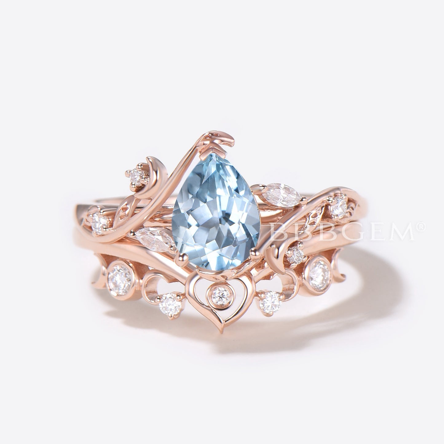 Heart Design Pear Aquamarine Engagement Ring Leaf Moon Ring