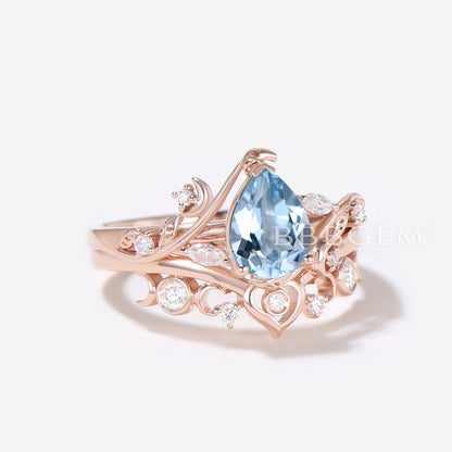 Heart Design Pear Aquamarine Engagement Ring Leaf Moon Ring