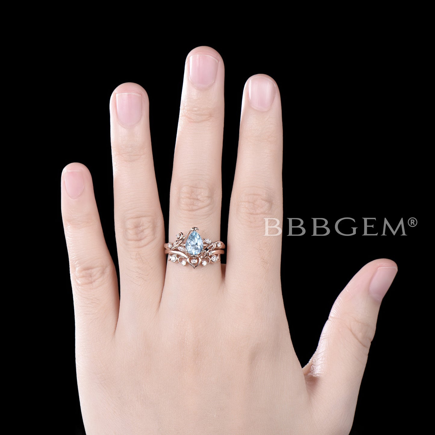 Heart Design Pear Aquamarine Engagement Ring Leaf Moon Ring