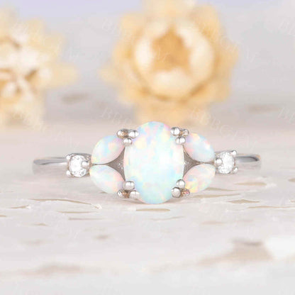 Floral opal engagement ring white gold promise ring for women